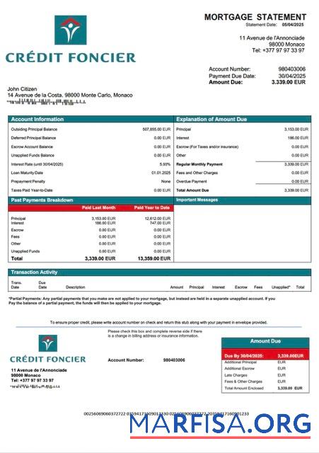 Printable Monaco Credit Foncier de Monaco mortgage statement Word and PDF template